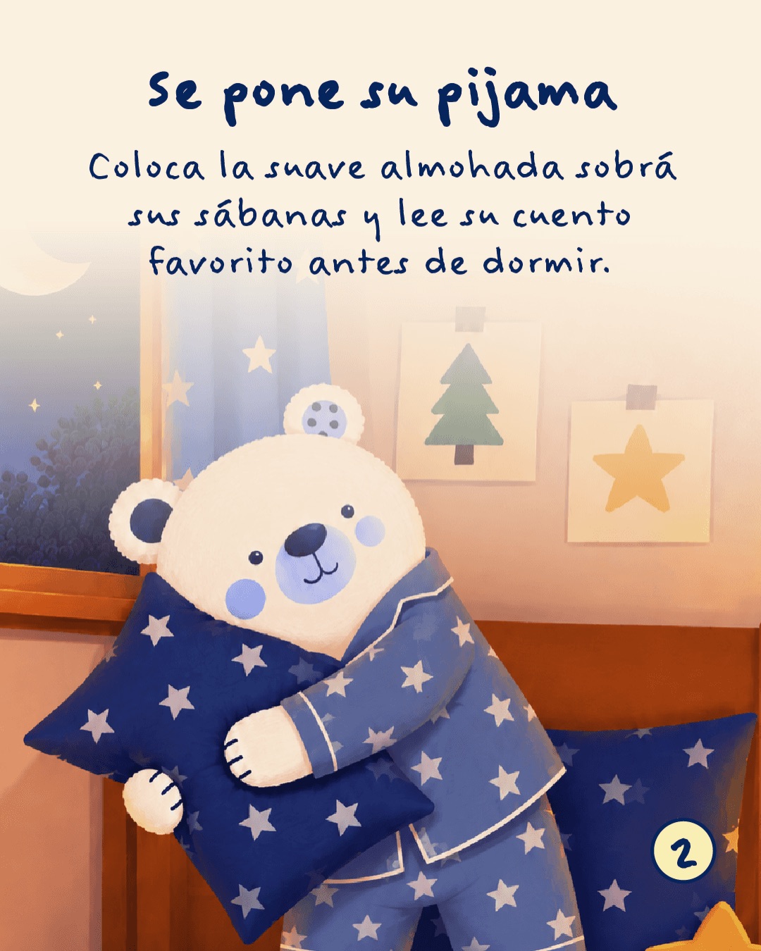 Se pone su pijama. Coloca la suave almohada sobre sus sábanas y lee su cuento favorito antes de dormir.