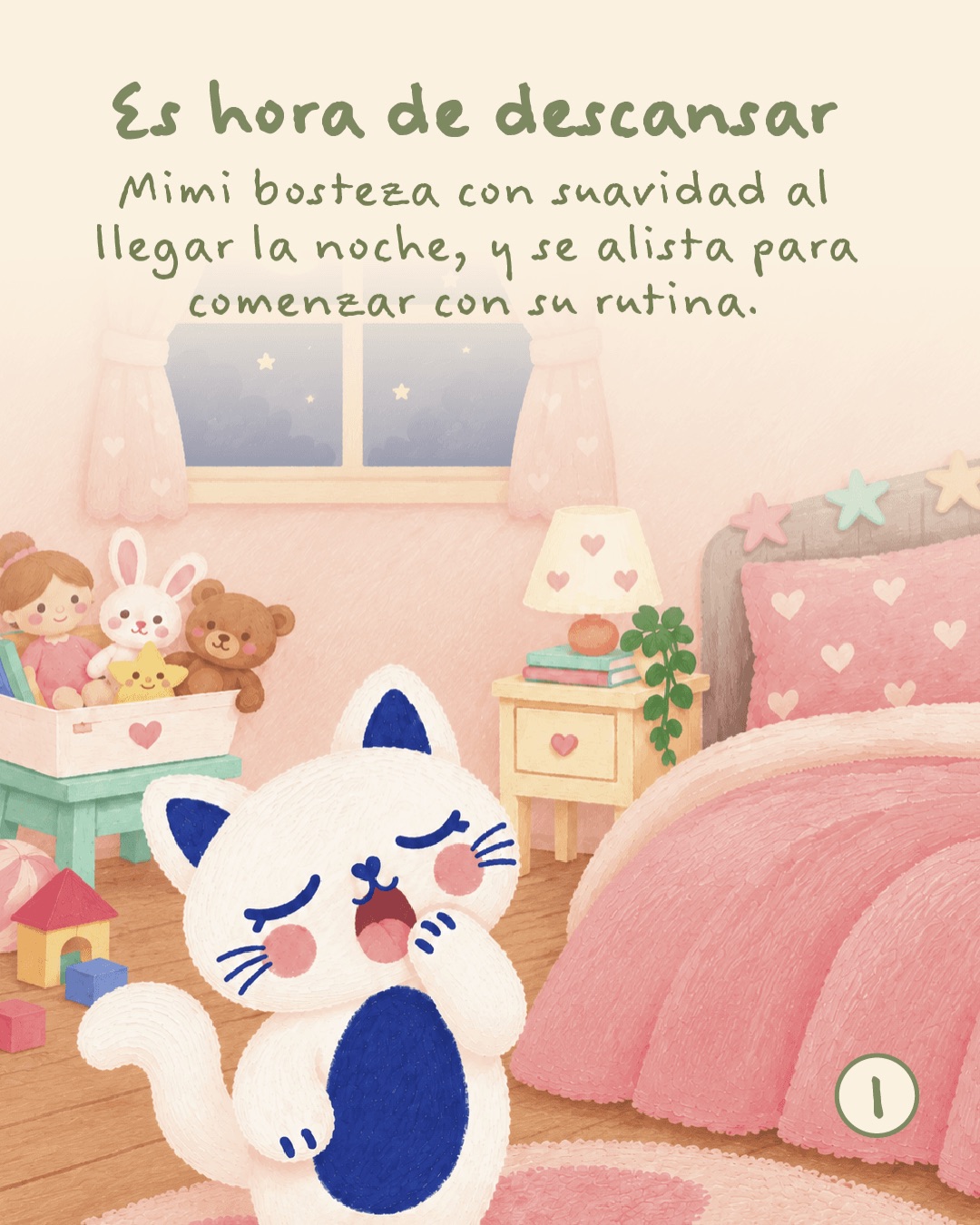 Es hora de descansar. Mimi bosteza con suavidad al llegar la noche, y se alista para comenzar con su rutina.
